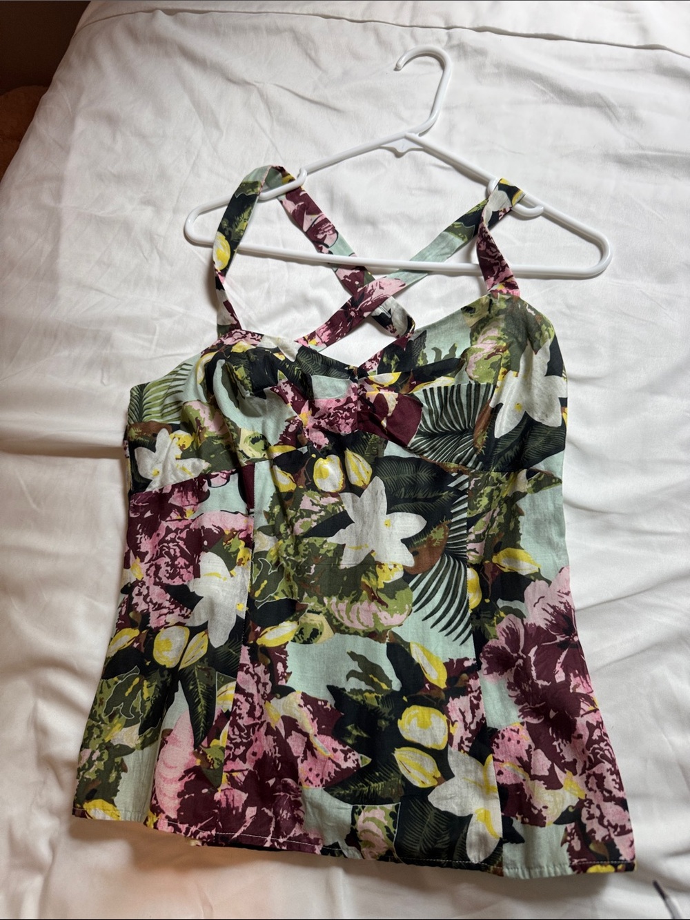 Floral Print Crisscross Strappy Green & Purple blouse